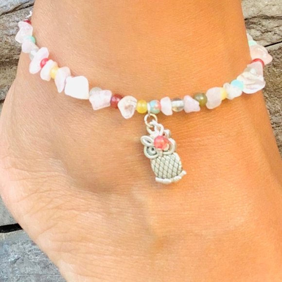 Owl Rose Quartz beaded anklet and/or bracelet - Picture 1 of 9